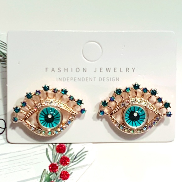💙🆕 Elegant Gold Plated Blue Eye Stud Earrings - Picture 1 of 5